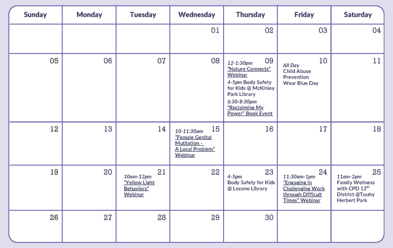 Child Abuse Prevention & Sexual Assault Awareness Month programming flyer. Full text schedule available below.