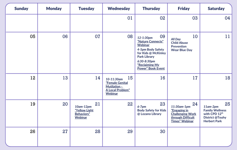 Child Abuse Prevention & Sexual Assault Awareness Month programming flyer. Full text schedule available below.